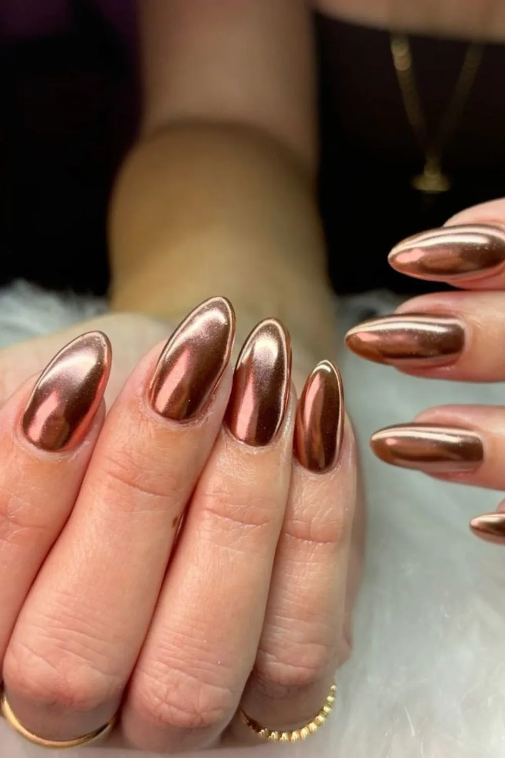 chocolate brown nails with chrome finish