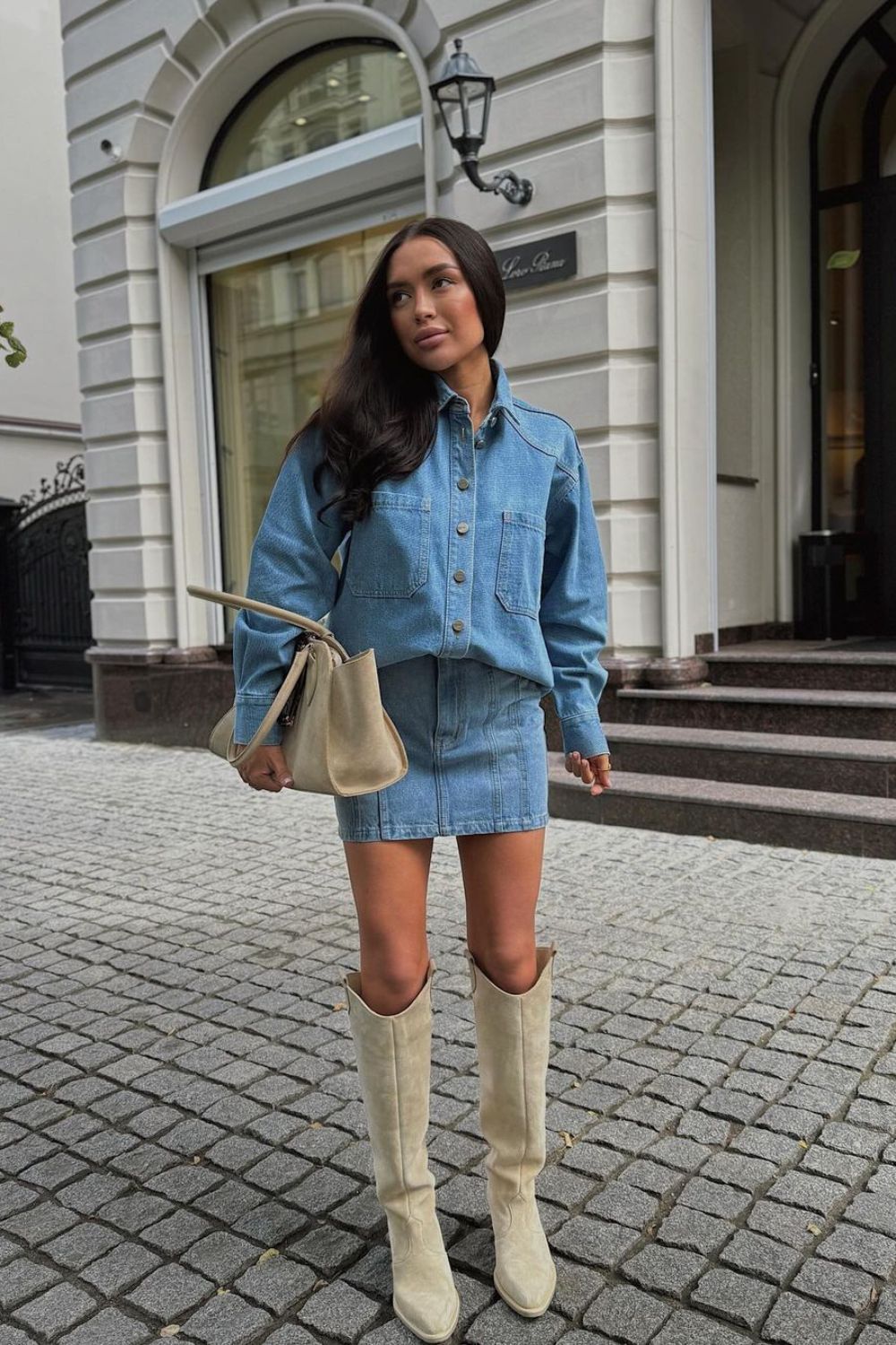 denim skirt and shirt with tall boots