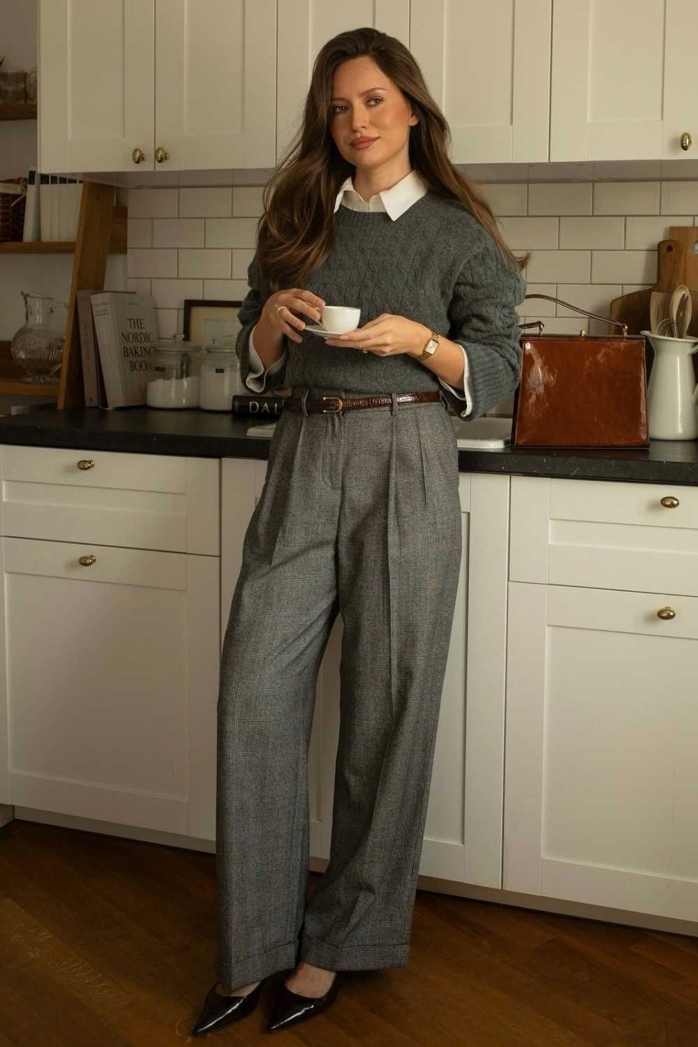 glen check trousers with charcoal cable knit sweater