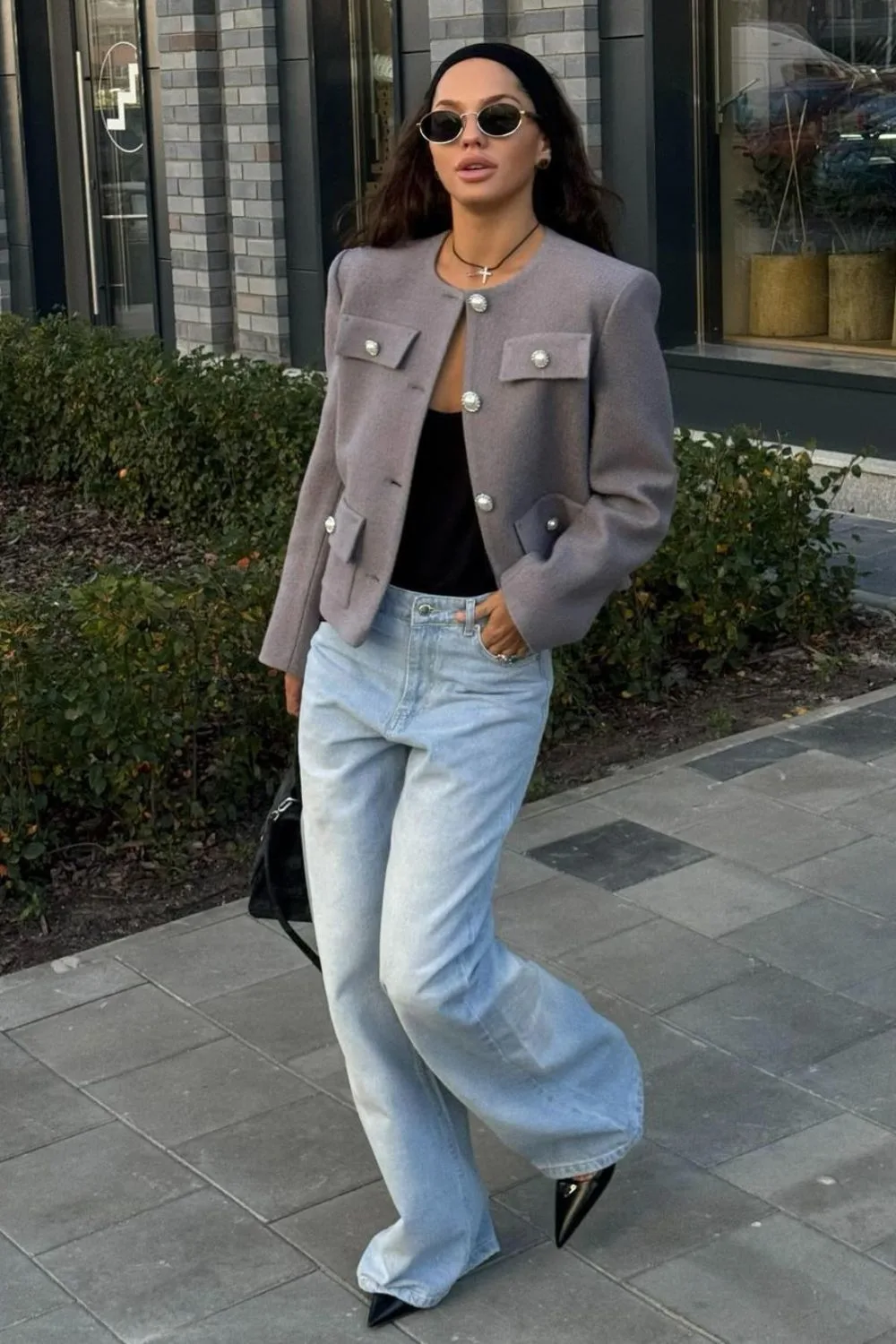 gray Cropped Jacket & Wide-Leg Jeans