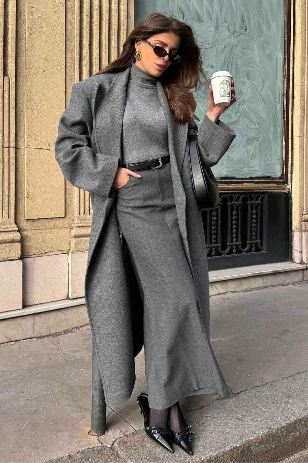 gray maxi coat with gray turtleneck and column skirt