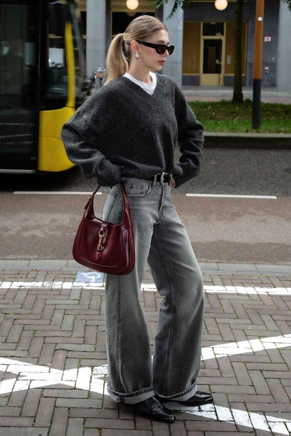 gray wash jeans with charcoal v neck sweater