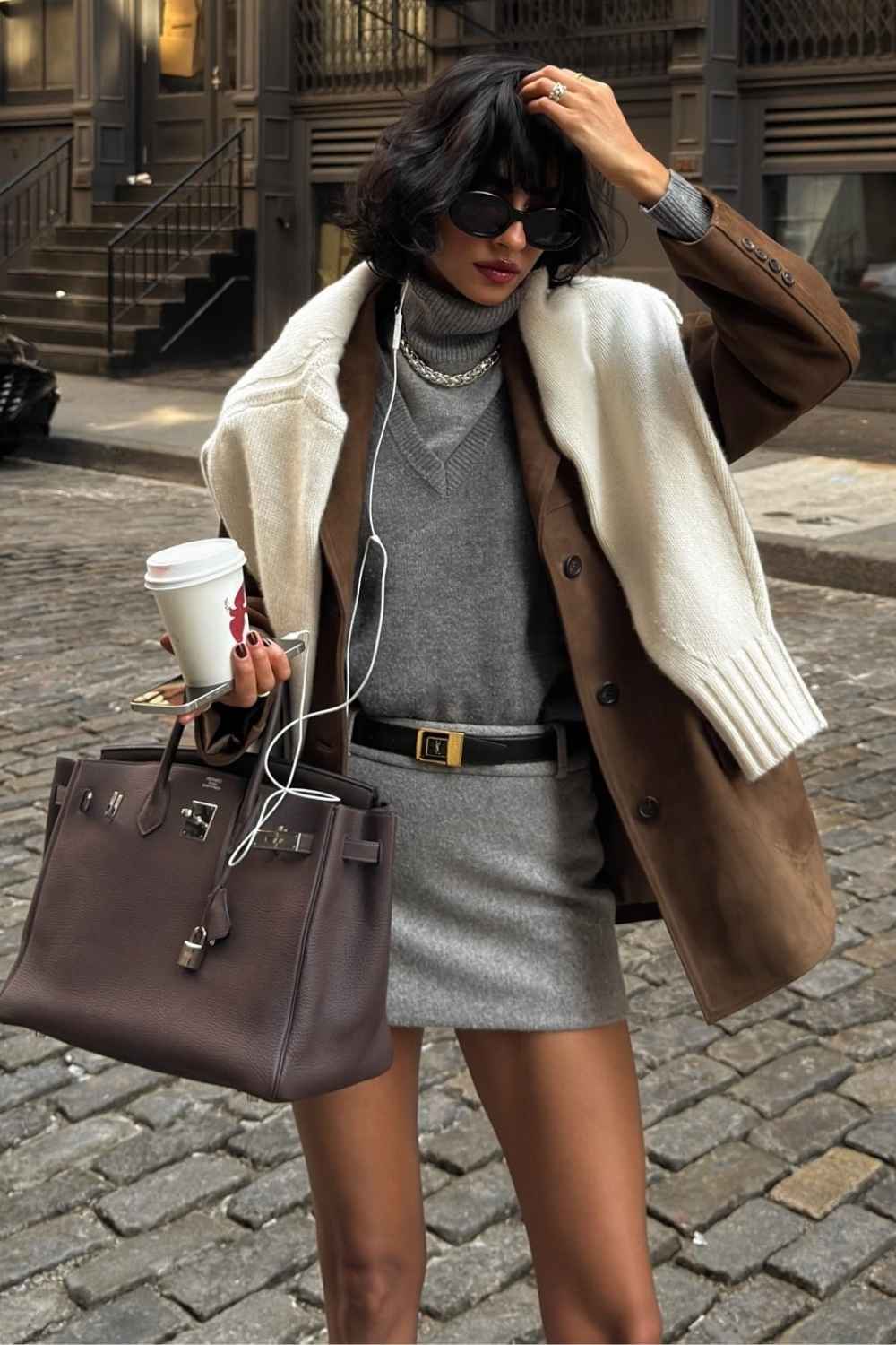 gray wool mini skirt with brown suede jacket