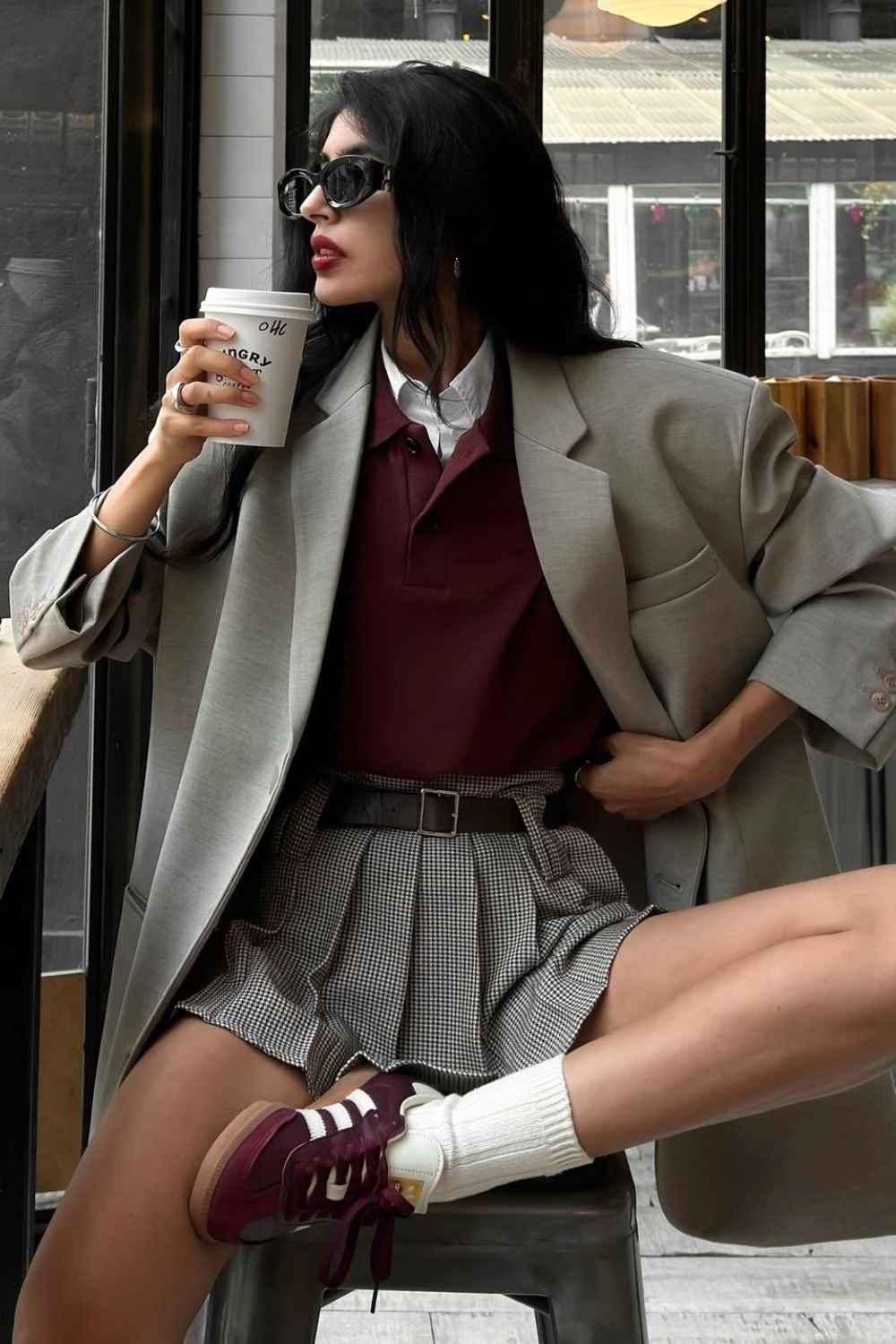 houndstooth mini skirt with gray blazer and burgundy polo