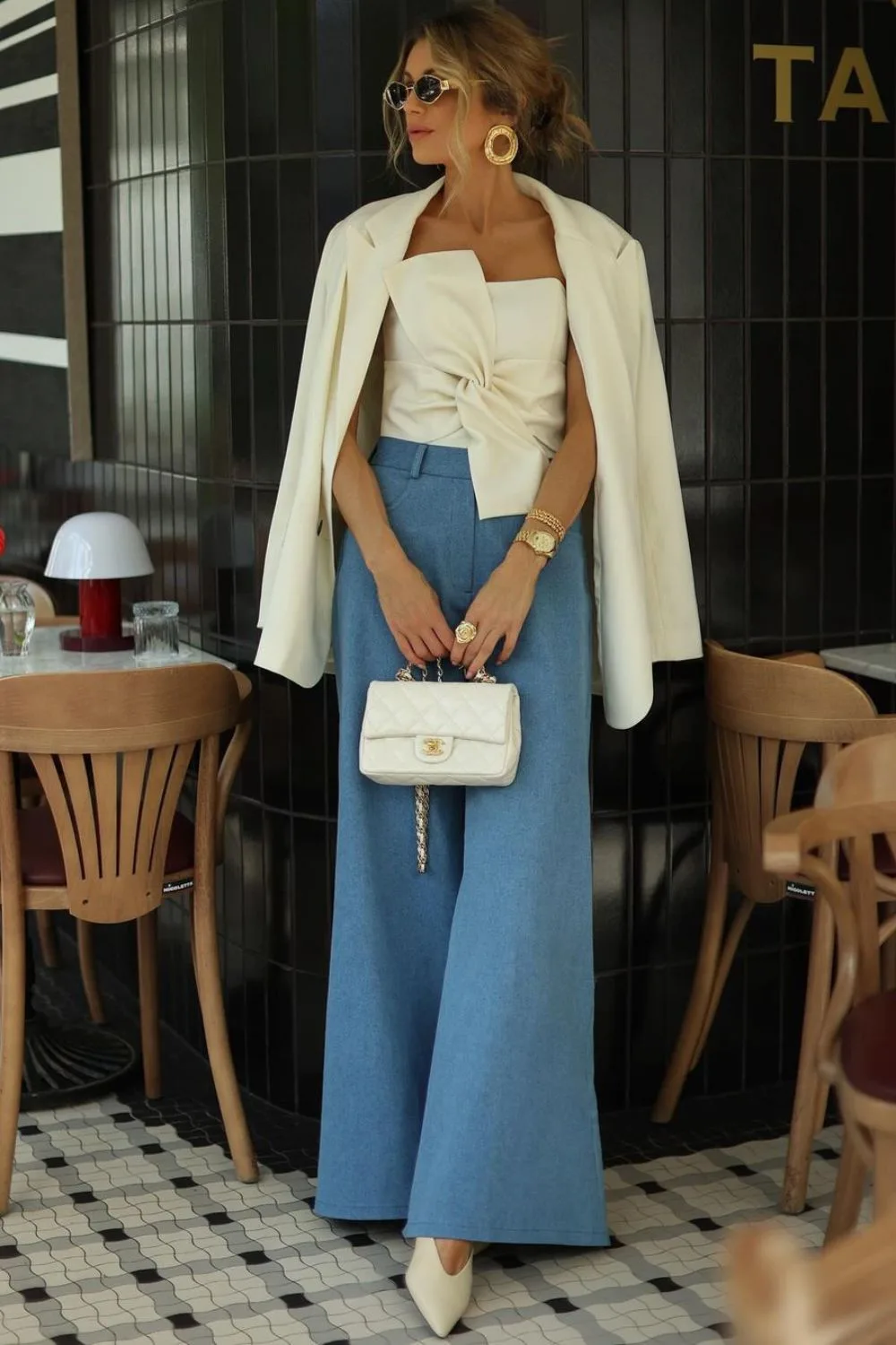 white Strapless Top & High-Waisted Denim