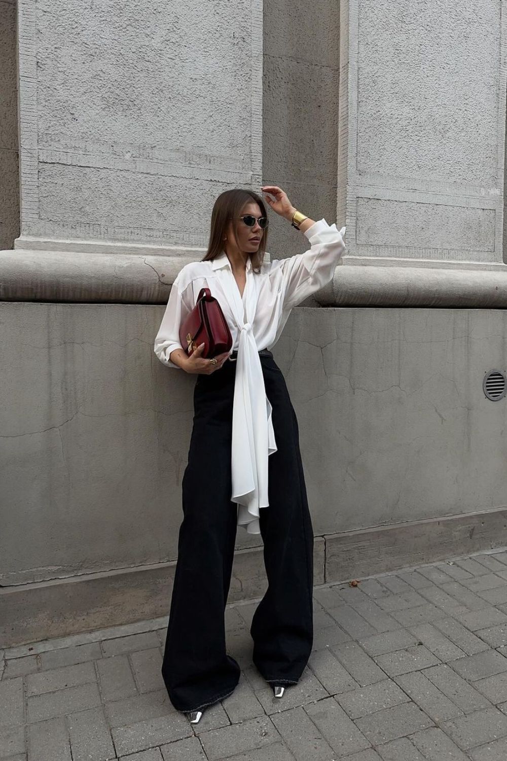 white Tie Blouse and Black Trousers with heels