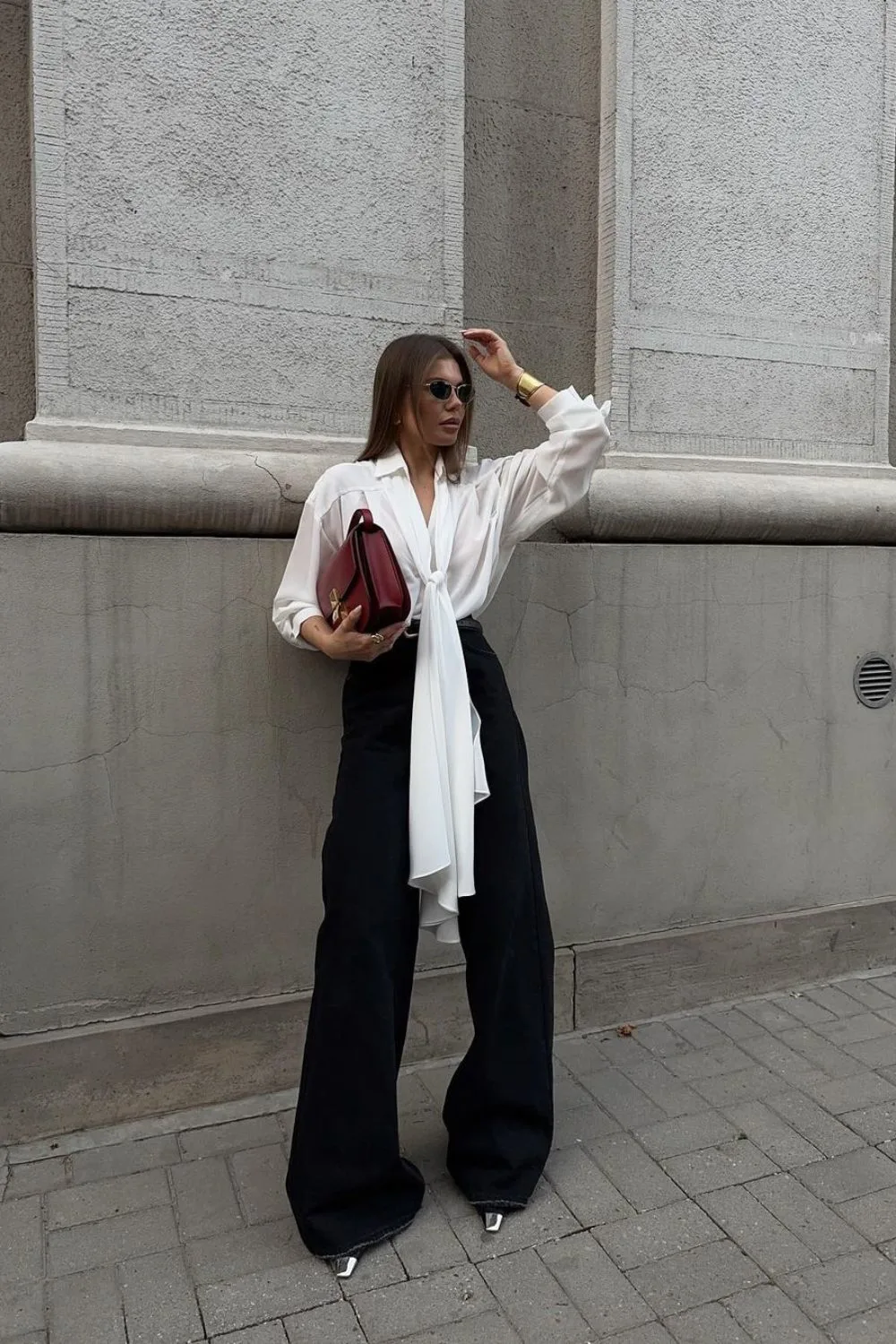 white Tie Blouse and Black Trousers with heels