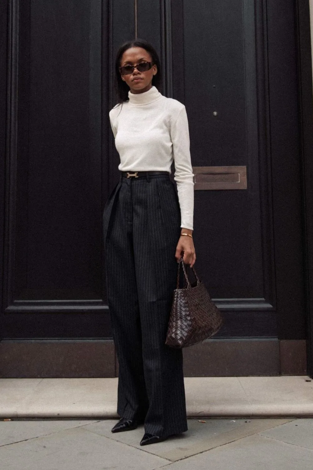 white Turtleneck and Pinstripe Pants