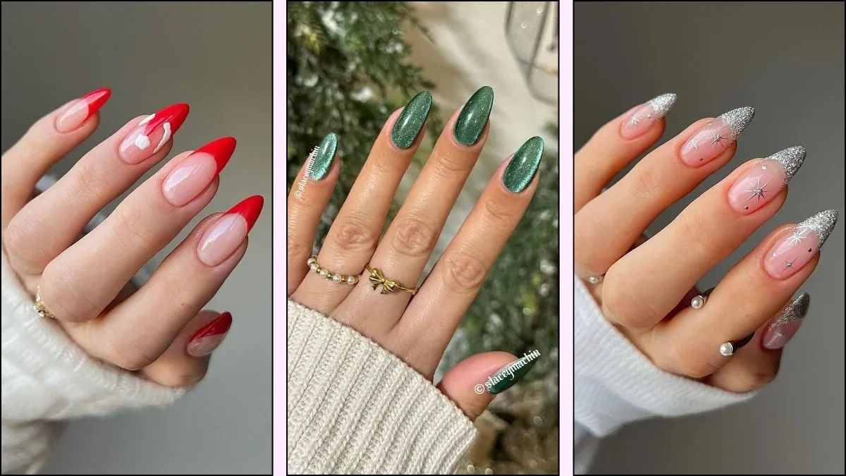 A collage of almond Christmas nail ideas