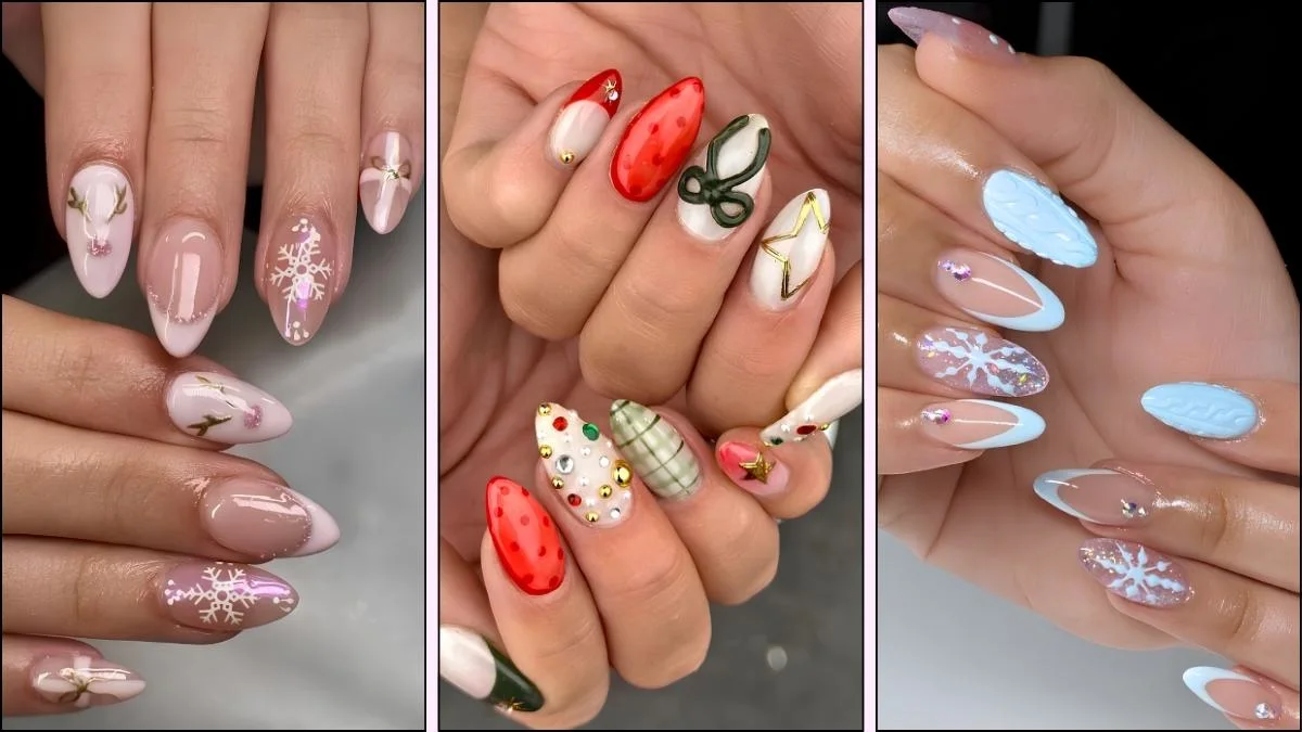 A collage of almond nail designs for Christmas
