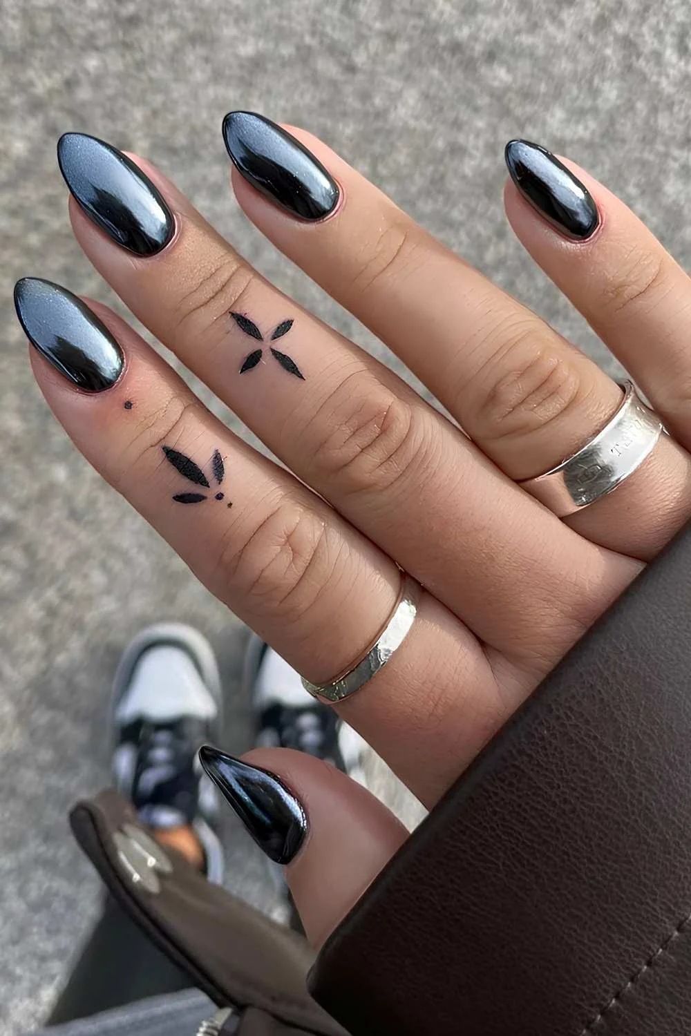 Almond black chrome nails