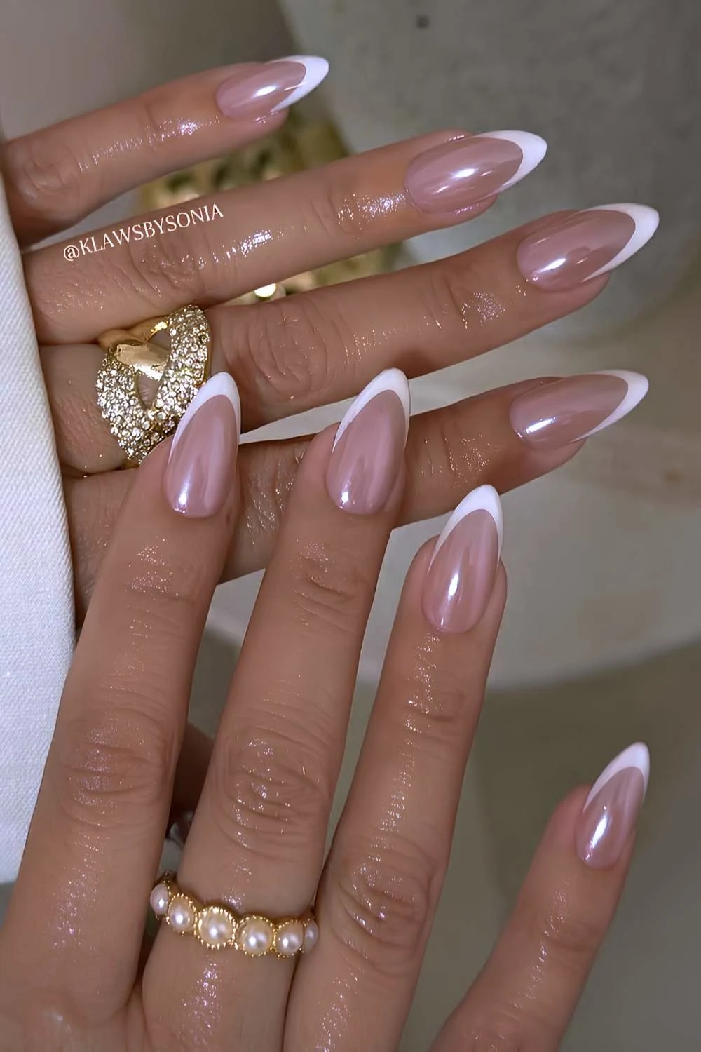 Almond white French chrome nails