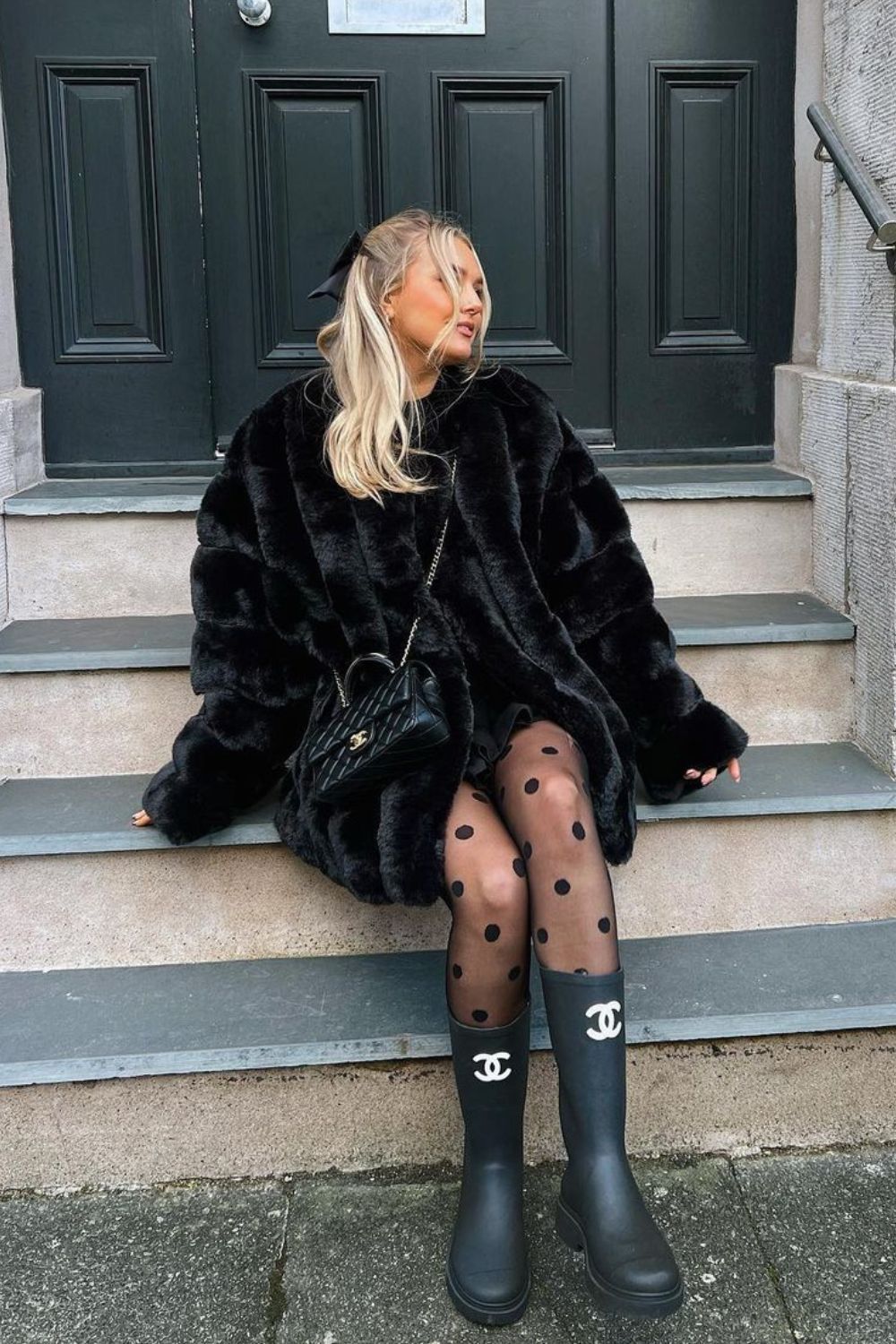 Black Faux Fur & Patterned Tights paired with boots