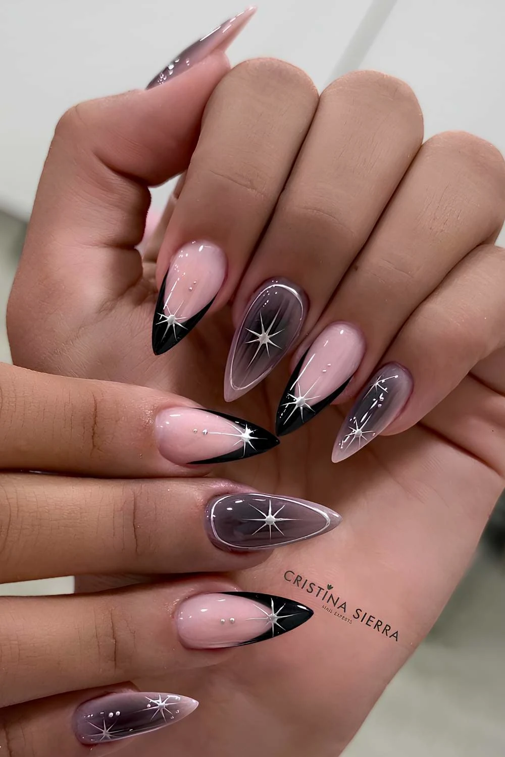 Black French mani with silver celestial art