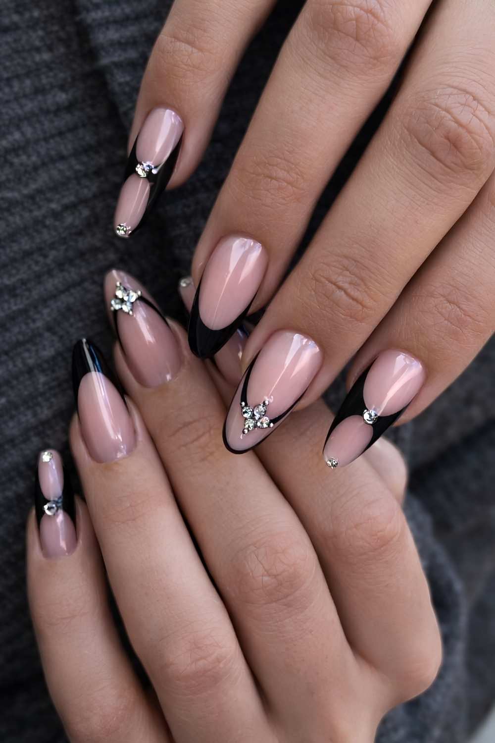 Black French manicure with rhinestones