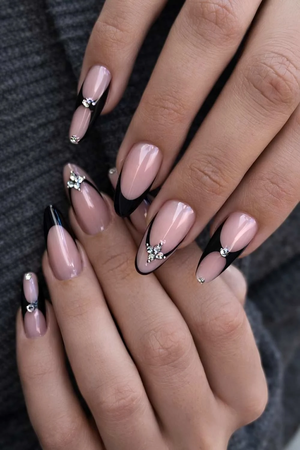 Black French manicure with rhinestones