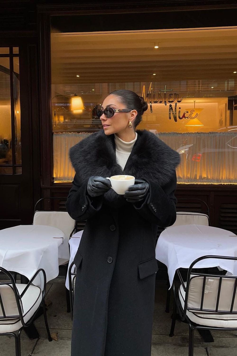 Black Fur Collar with beige turtleneck