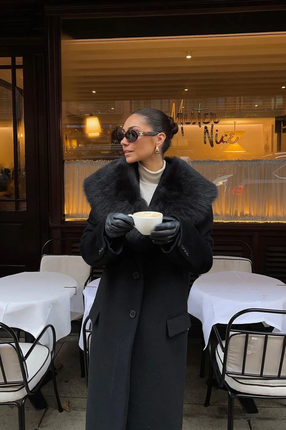 Black Fur Collar with beige turtleneck