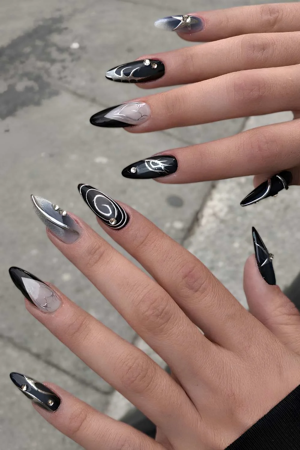 Black and silver mix and match nails