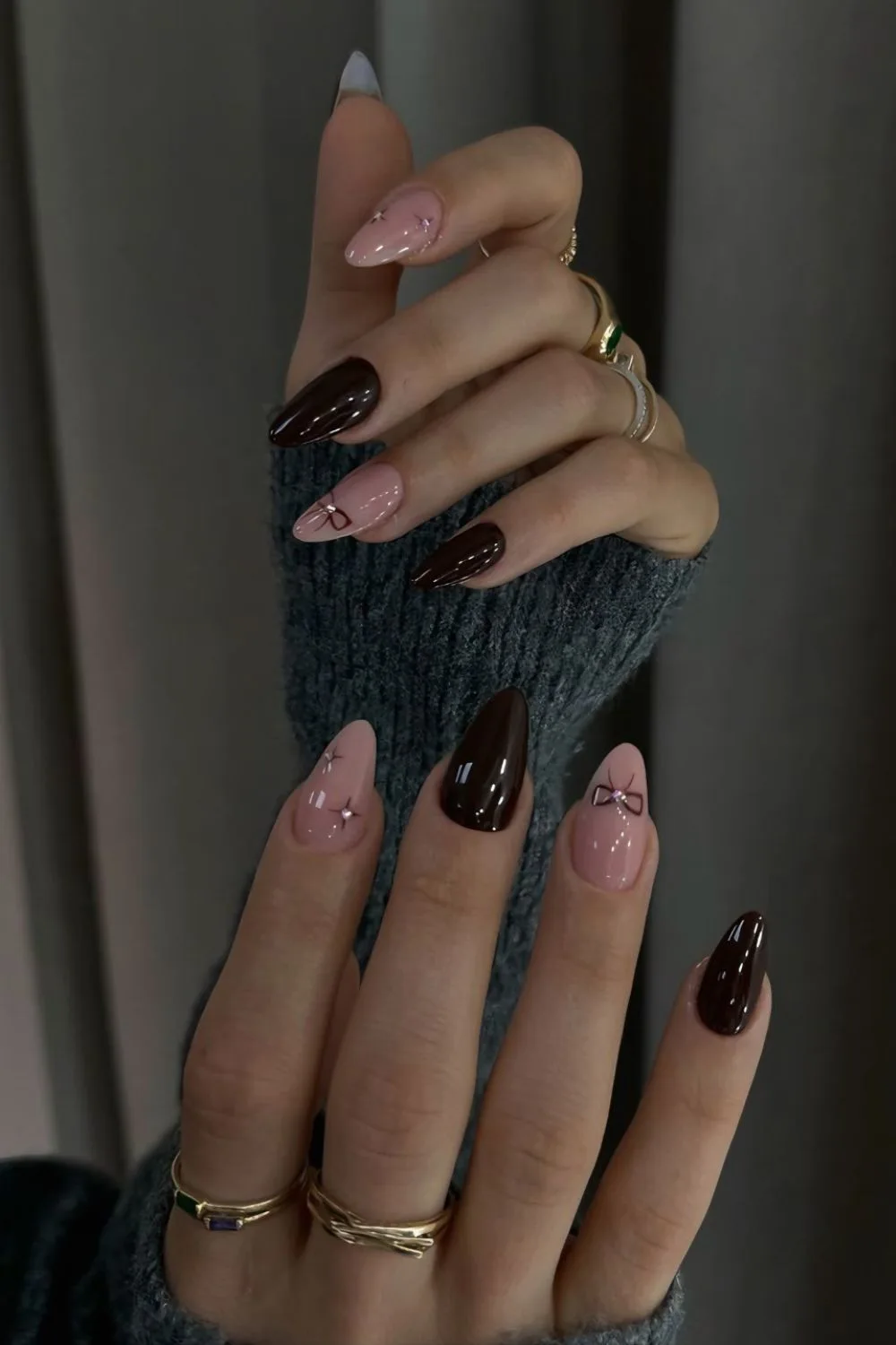 Black cherry nails with bows and stars