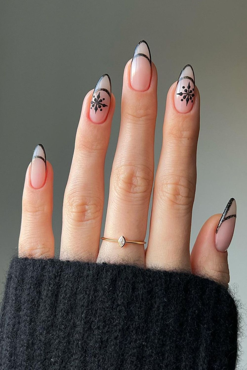 Black double french tip nails with snowflakes