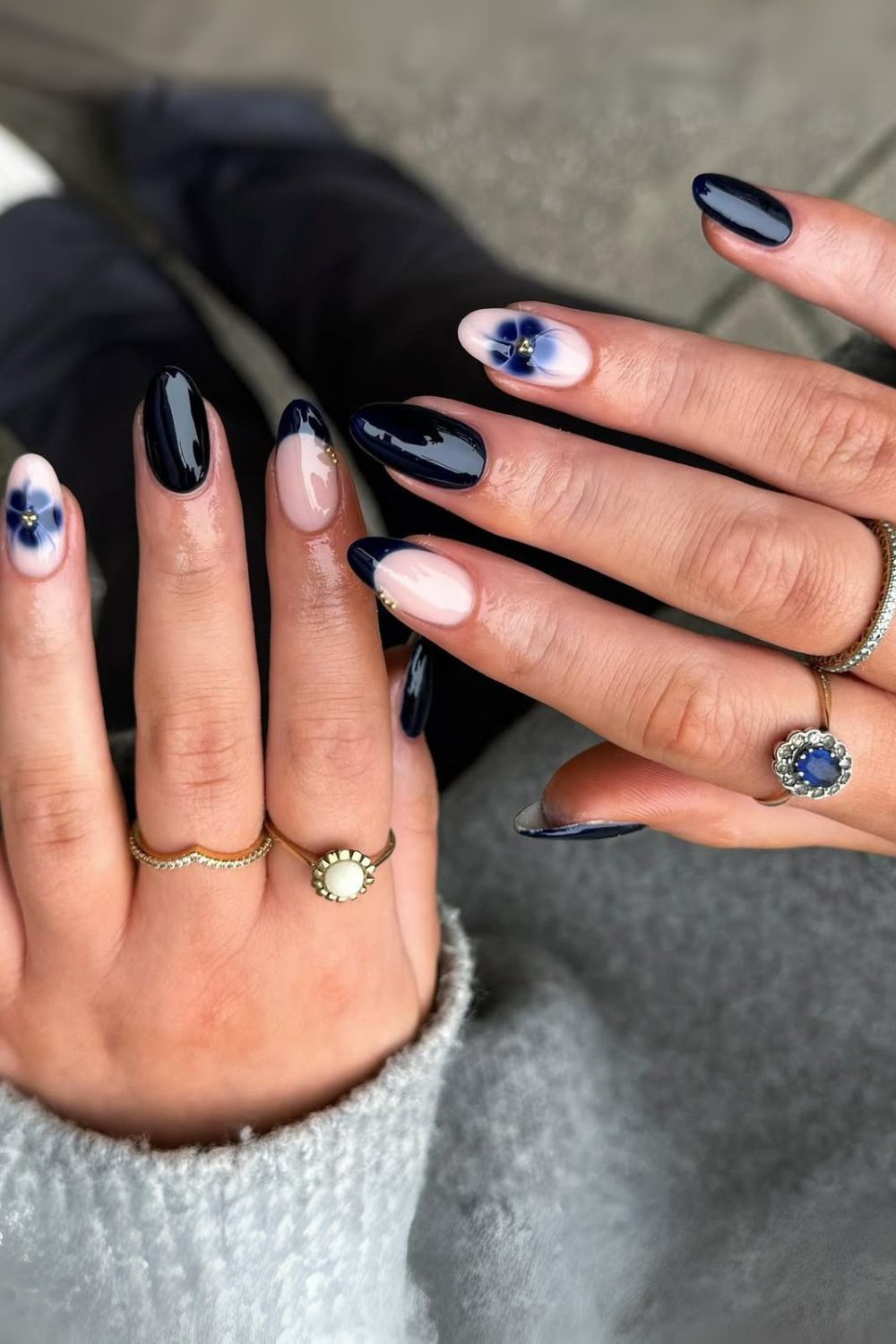 Black nails with blooming gel flowers