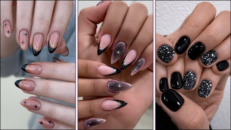 A collage of black nail designs for winter