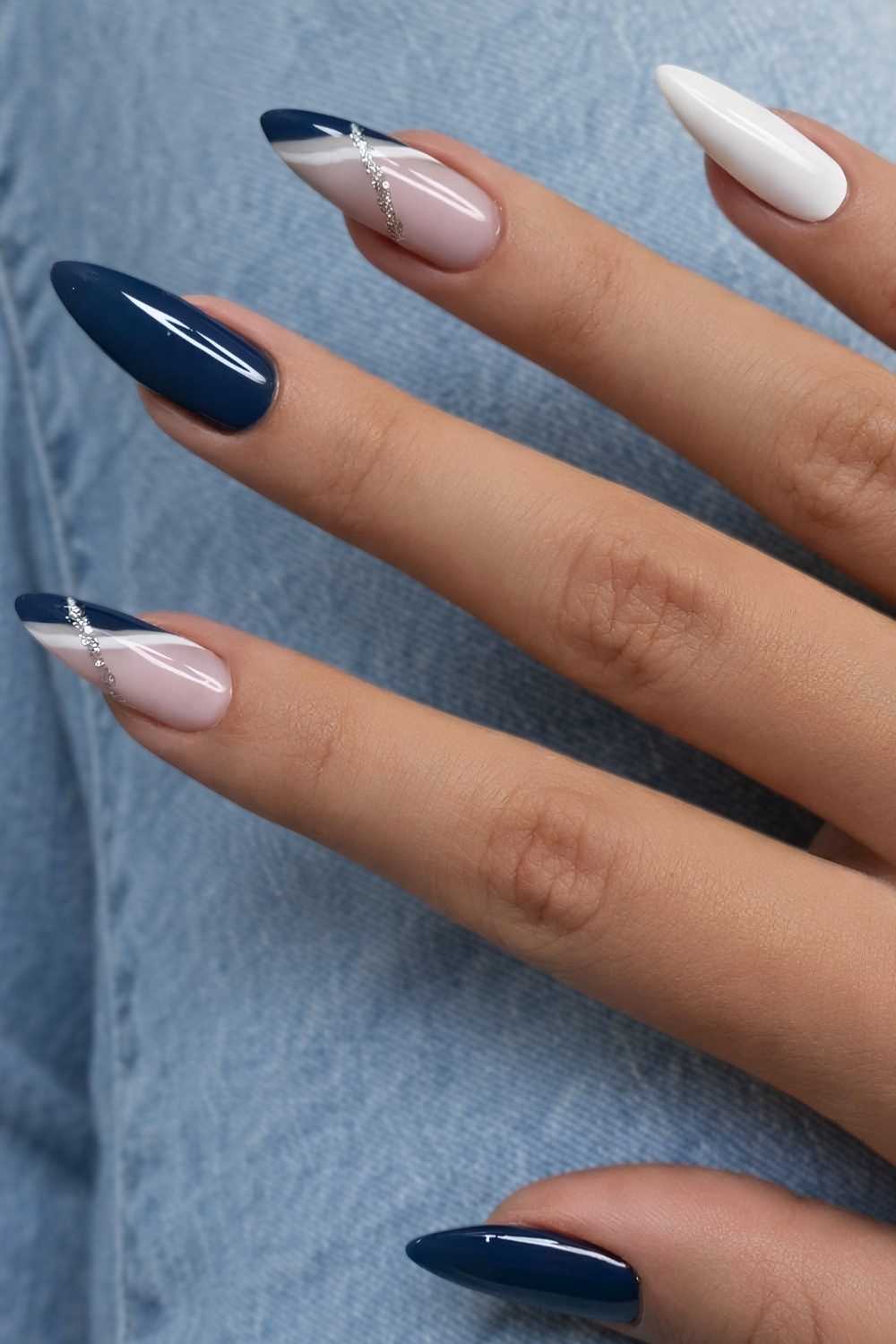 Blue and white nails with line art