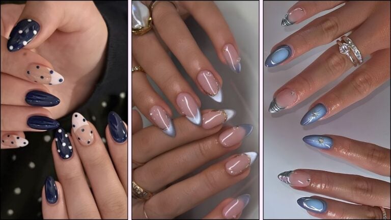 A collage of blue nail designs for winter