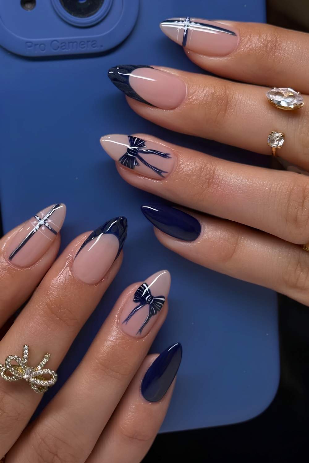 Blue winter nails with plaid and bows