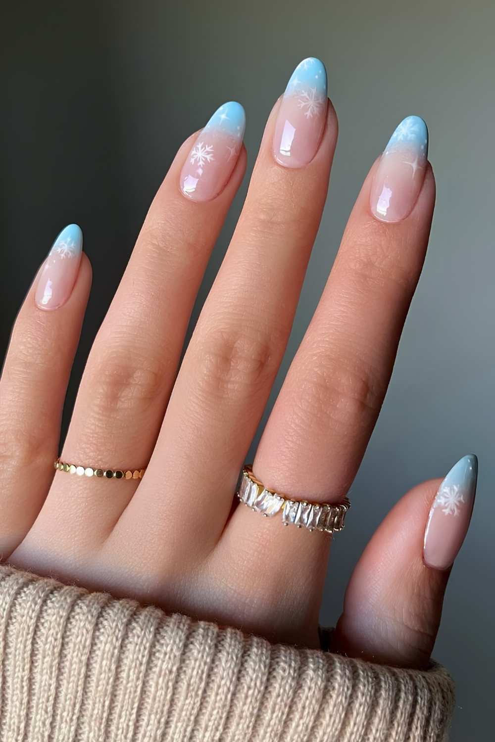 Blue winter ombre nails with snowflakes