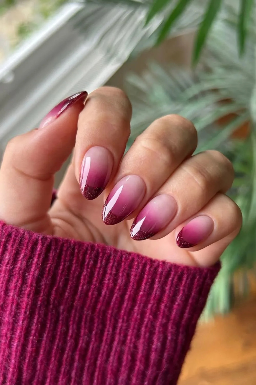 Burgundy ombre nails with glitter tips