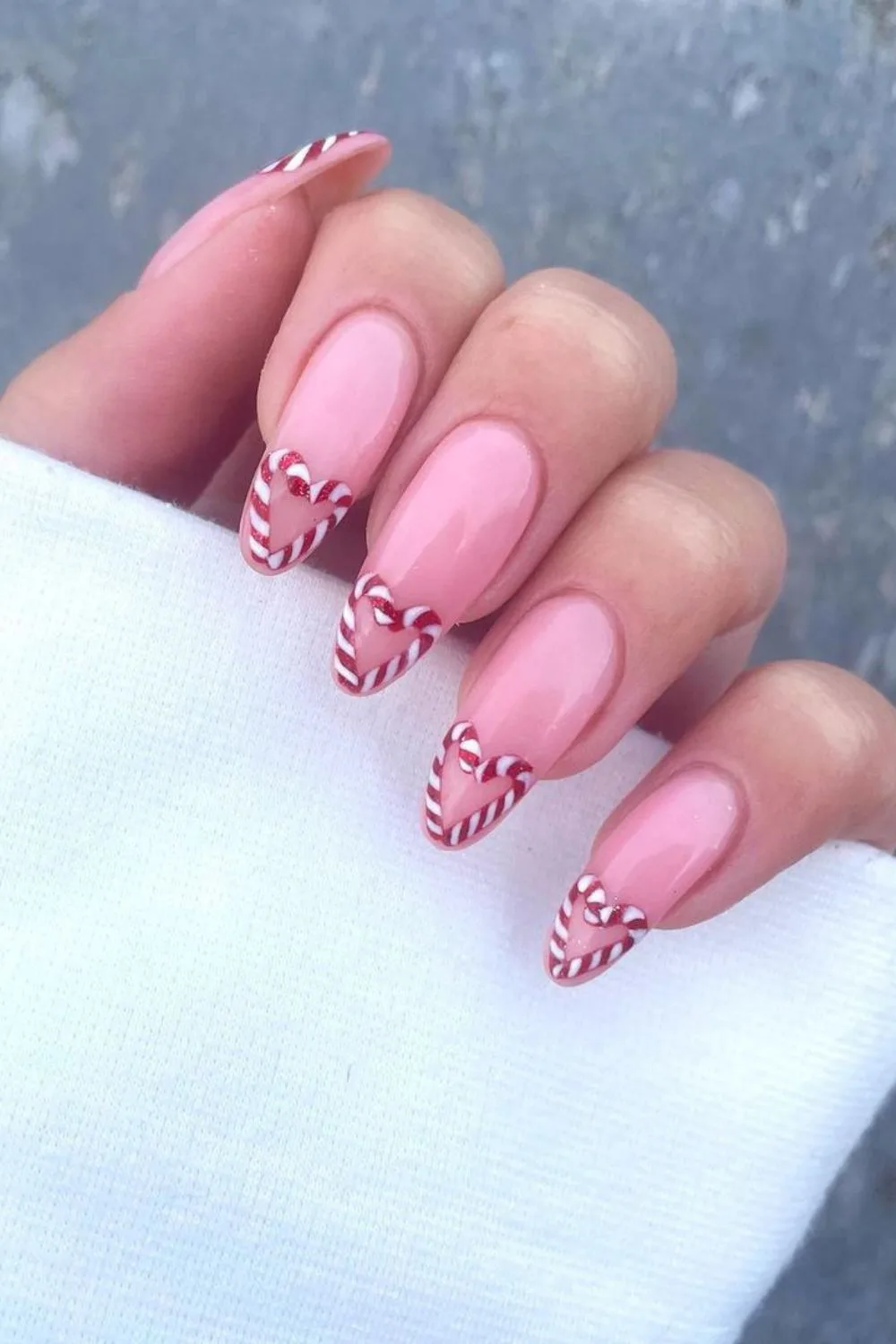 Candy cane heart french tip nails