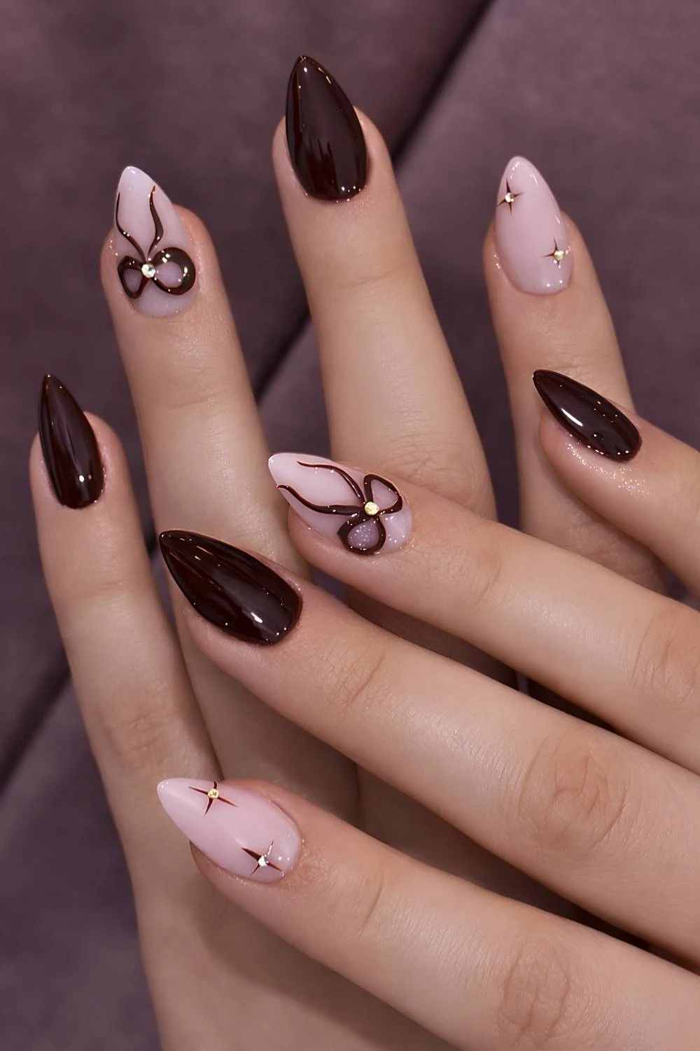 Cherry mocha mani with textured bows