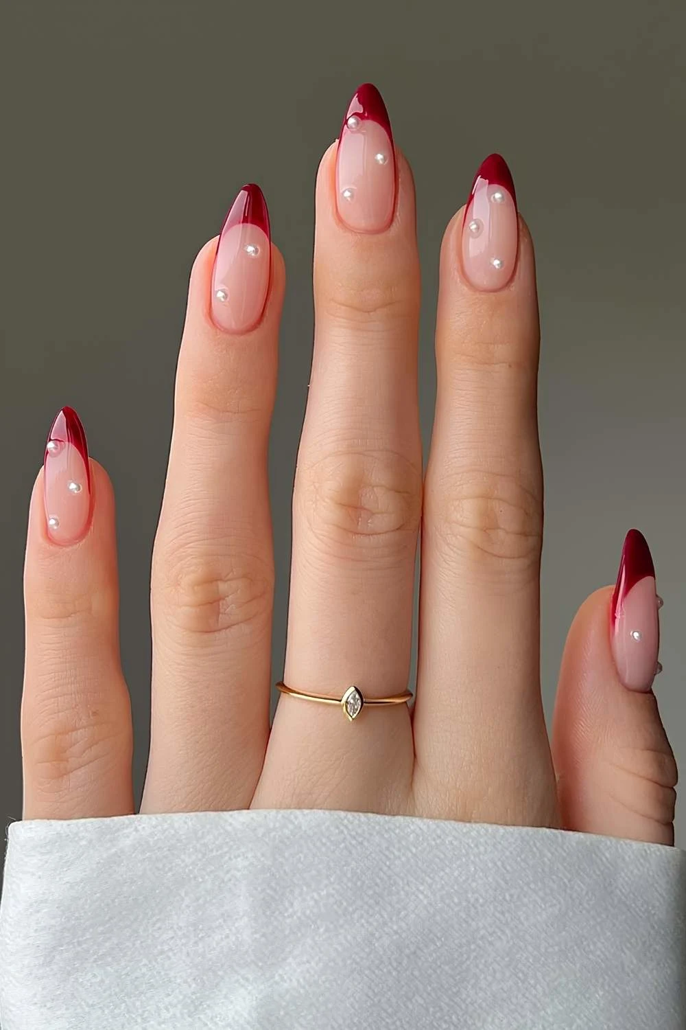 Cherry red French mani with pearls