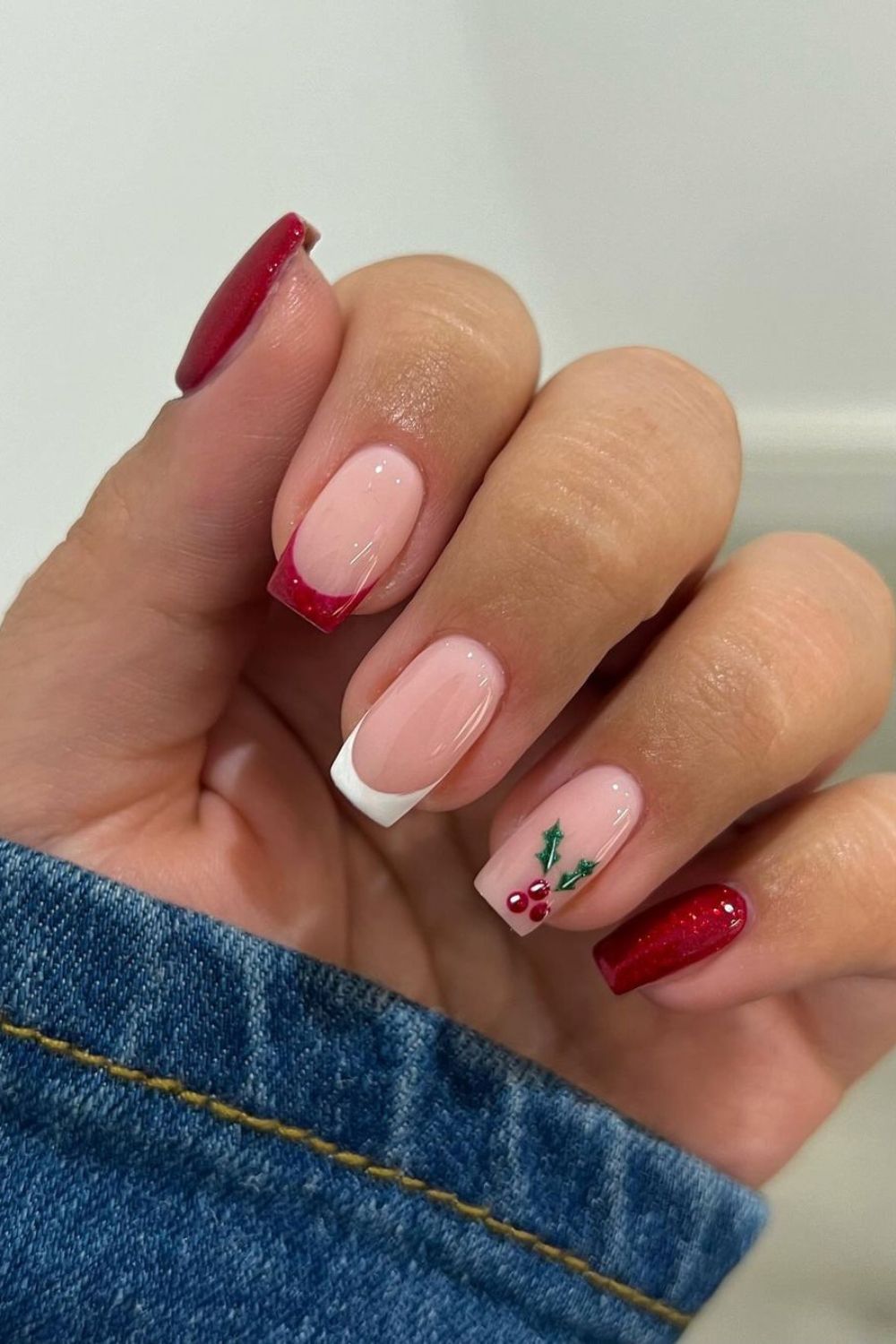 Christams french tip nails with mistletoe accent