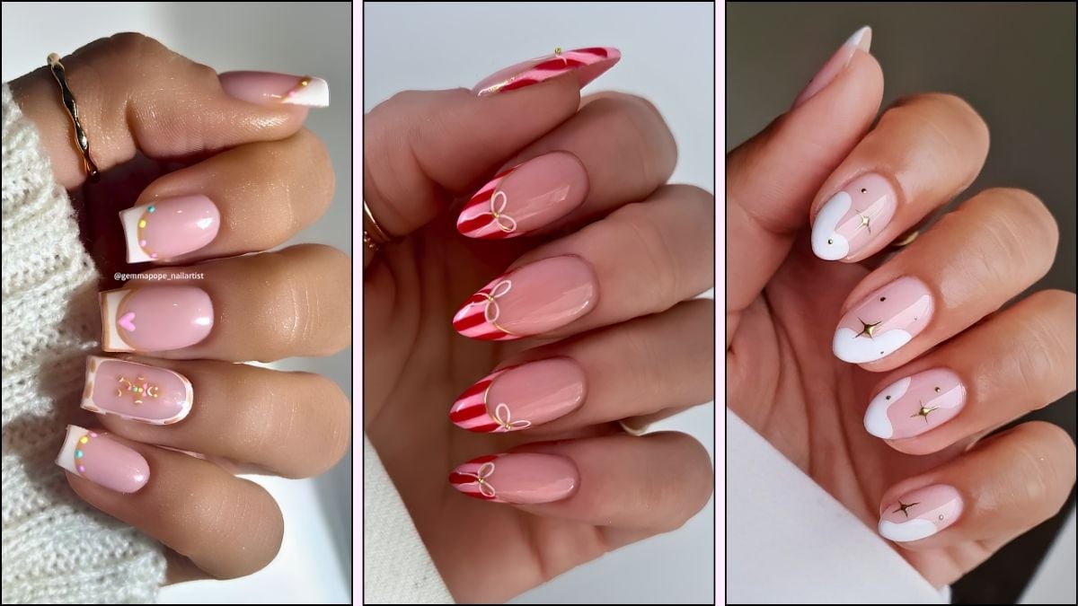 A collage of French tip nail designs for Christmas