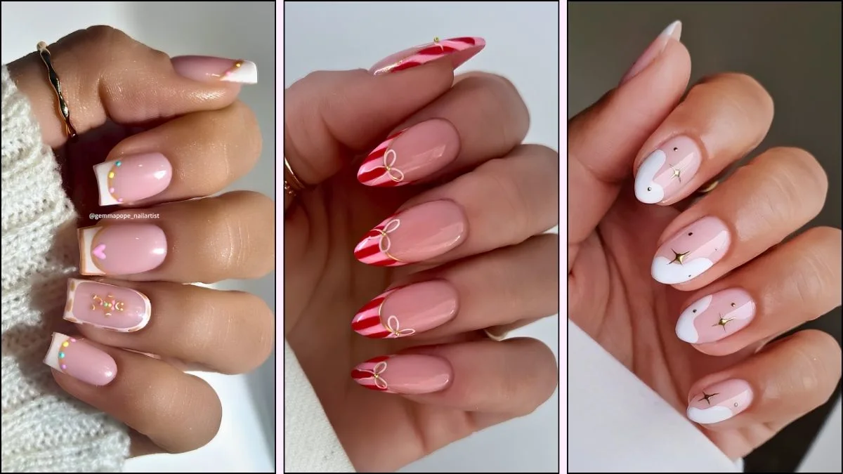 A collage of French tip nail designs for Christmas