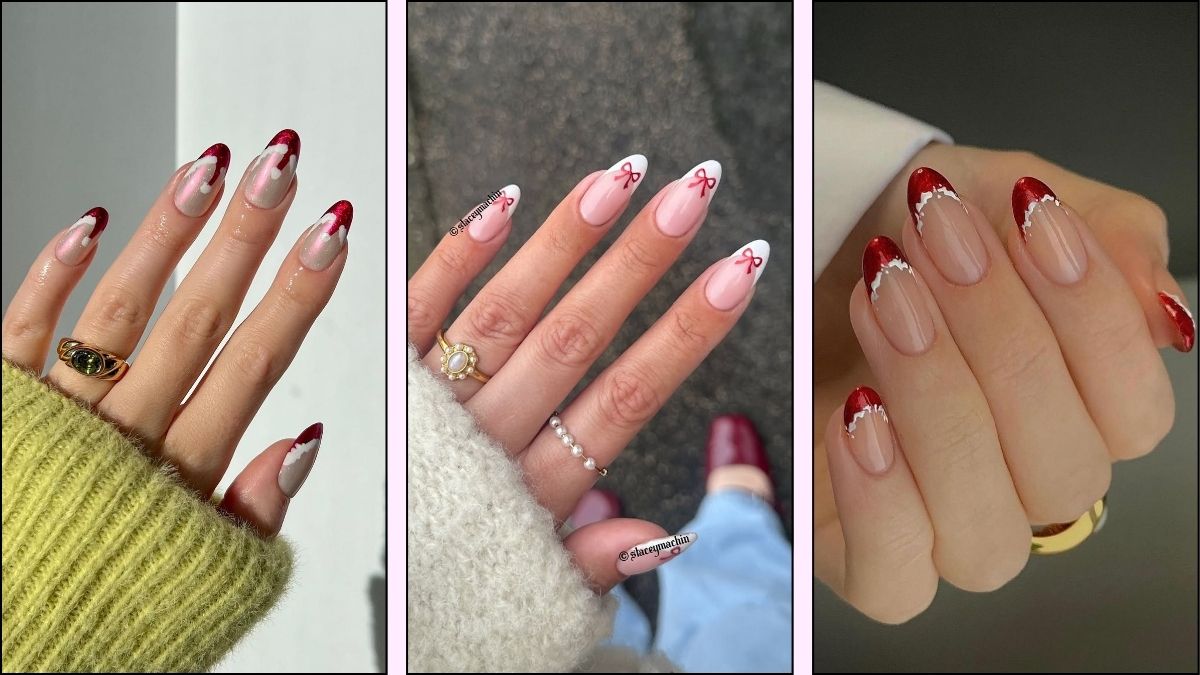 A collage of Christmas french tip nail designs