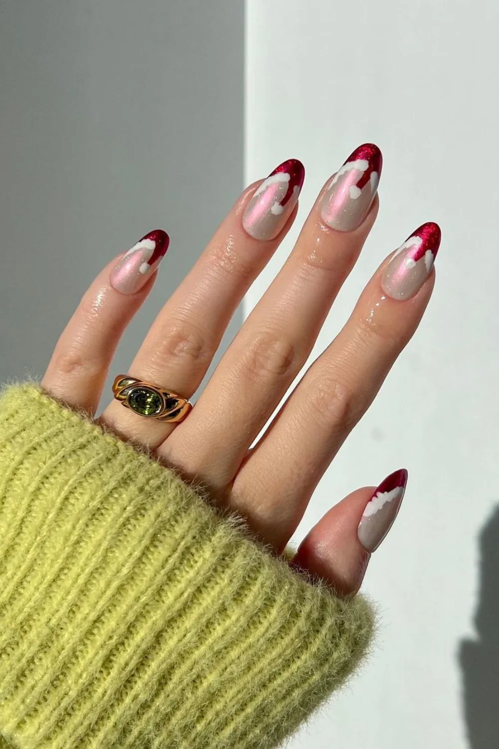 Chrome french tip nails with santa's caps