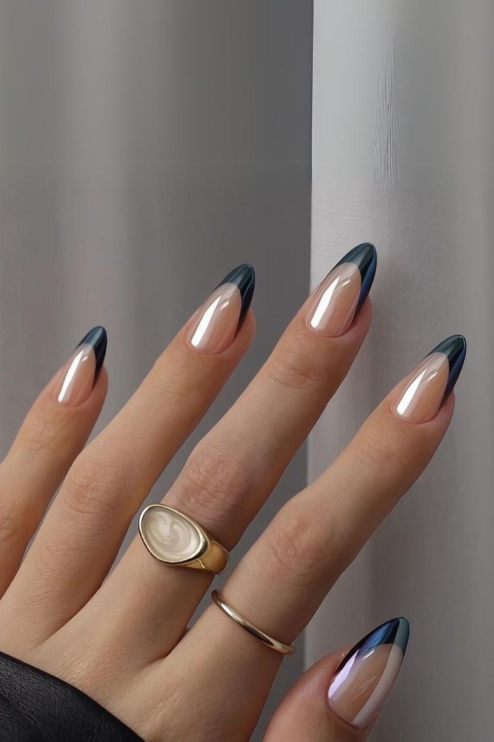 Chrome navy blue french tips