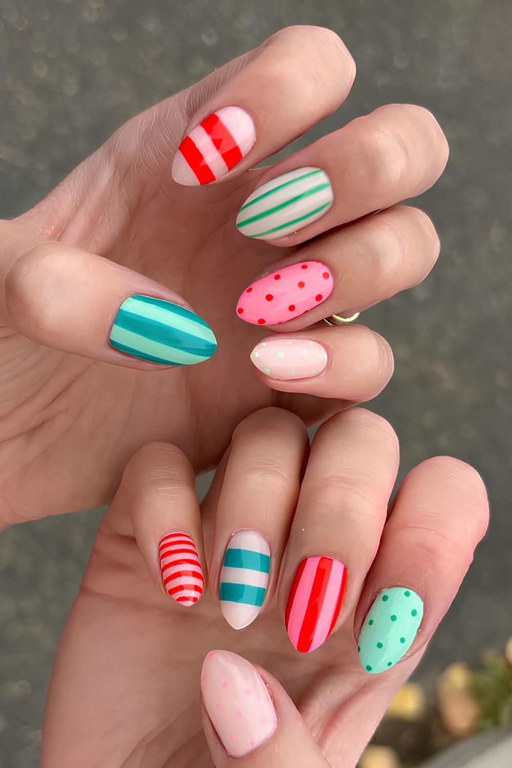Colorful Christmas mani with stripes and polka dots