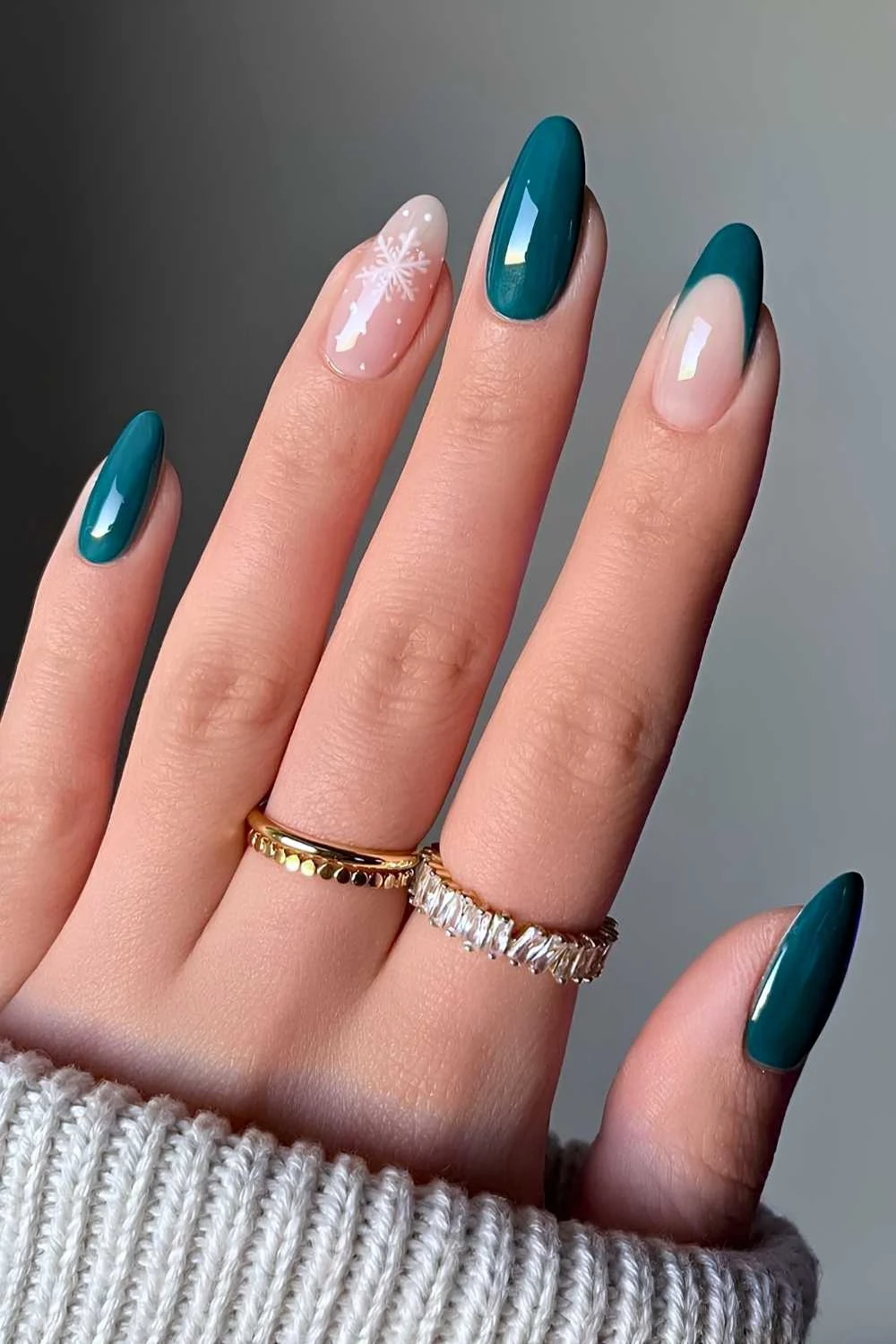 Dark green Christmas mani with accent snowflake