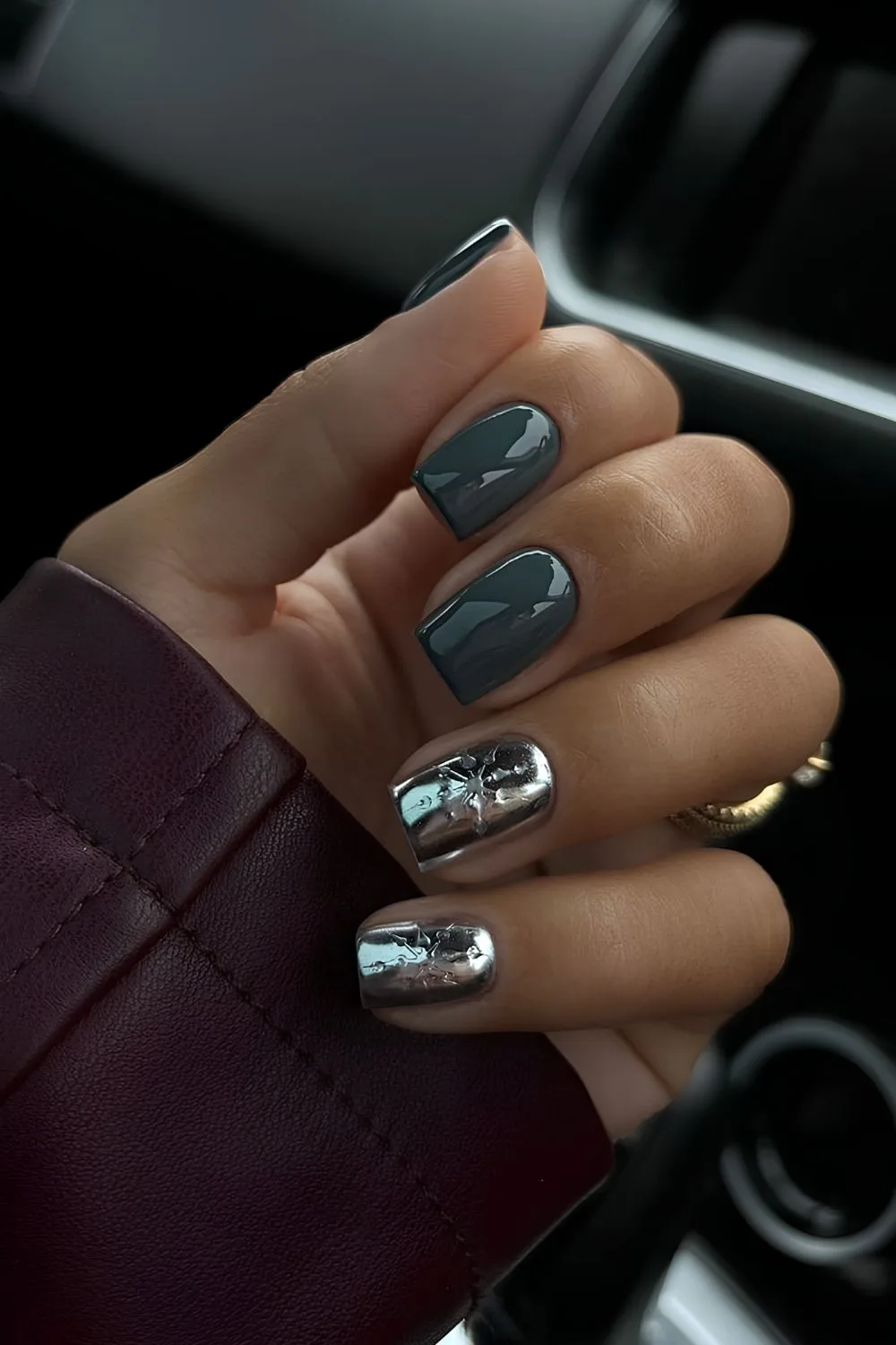 Dark green and silver chrome nails