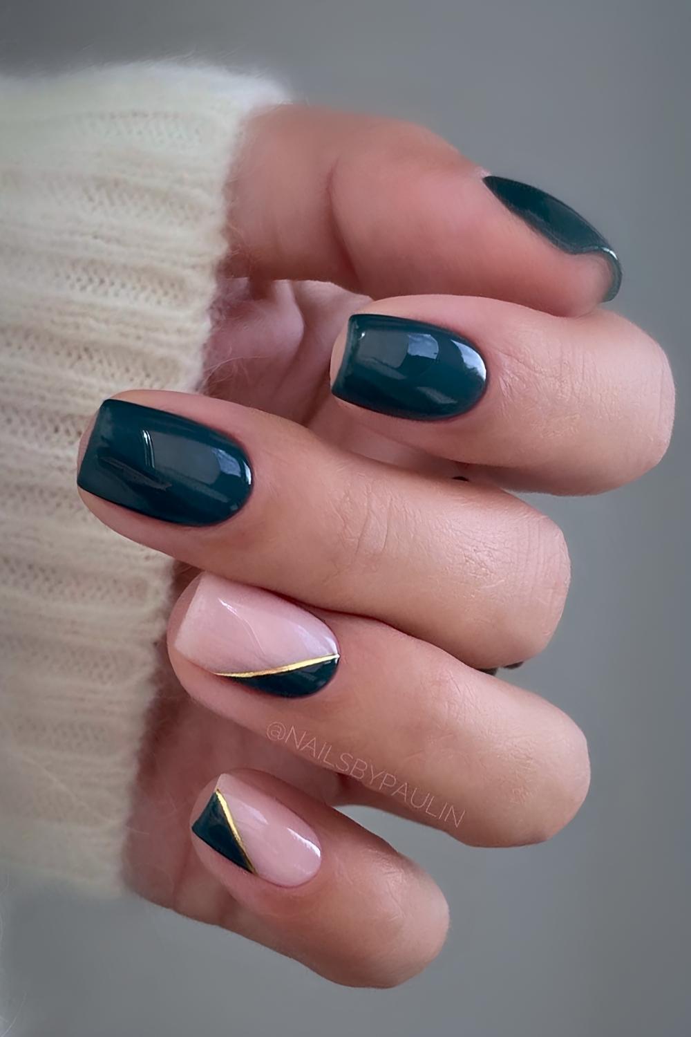 Dark green nails with accent side french tips