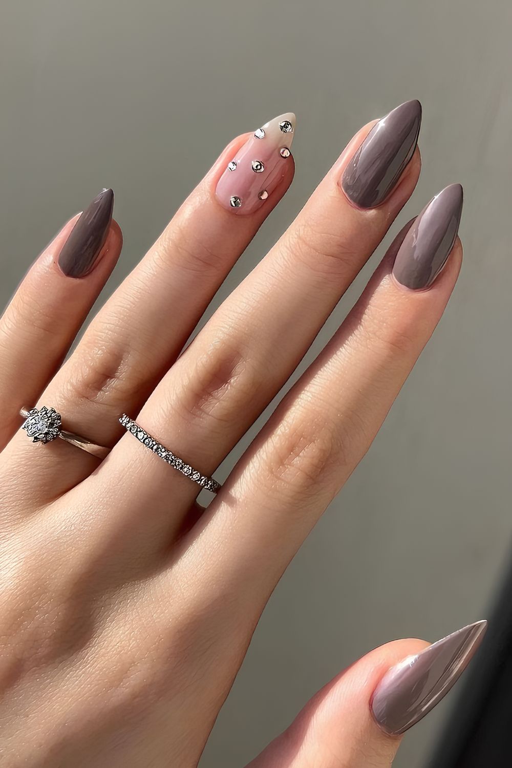 Dark greige nails with rhinestones
