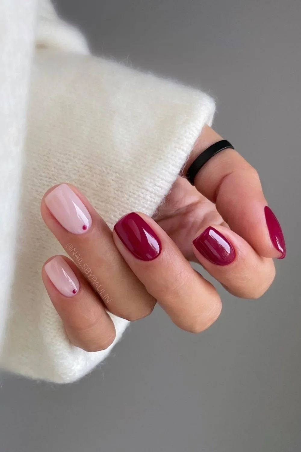 Dark red mani with dot accents