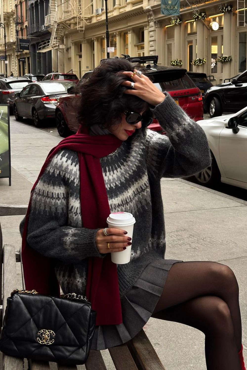 Fair Isle Sweater & Red Scarf paired with gray skirt