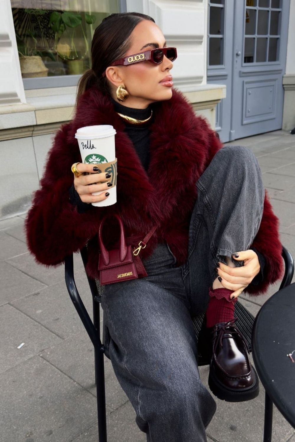 Faux red coat with gray jeanes and loafers