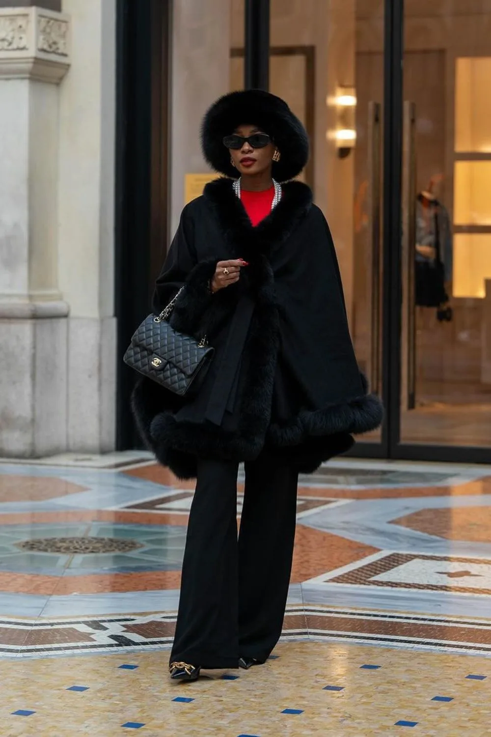 Fur-Trimmed black Cape & Wide-Leg Pants